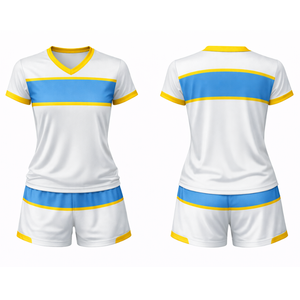 ชุดวอลเลย์บอลแบบเสื้อคอวี สีขาว น้ำเงิน เหลือง ลายพิมพ์แบบซับลิเมชั่น ขายดีที่สุด - Product Image 1