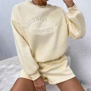 Conjunto de Sudadera y Pantalones Cortos de Punto Casual para Mujer, por Encima de la Rodilla, de Felpa Cepillada, Suave, Cálido y Acogedor, de Dos Piezas - Product Image 5