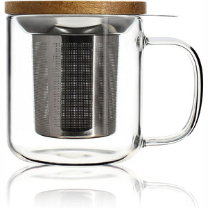Taza de Vidrio con Infusor de Té de 300 ml, Tetera Ideal para Té, Té de Hierbas, Infusiones y <span class=keywords><strong>Rooibos</strong></span>, Taza de Vidrio con Tapa de Madera - Product Image 1