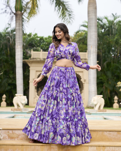 À la mode Georgette Chex Lehenga avec imprimé floral et 9 mètres Flair correspondant imprimé Blouse cousu toile ensemble en gros - Product Image 3