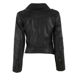 Veste courte en cuir à fermeture éclair en faux PU pour femmes, respirante, tricotée, avec revers, style moto, teinte unie. - Product Image 3