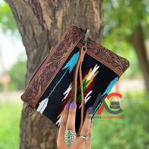 New Western Aztec Quilted <b>Leather</b> Wristlet Clutch Bags Stylish Vintage Brown Tooling Sling Bags Ladies Fashionable Tooled - Product Image 1