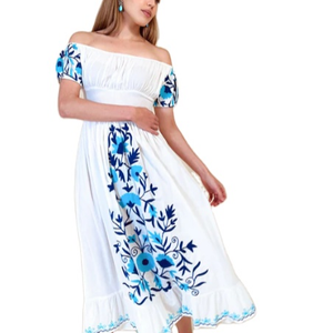 Robe longue brodée à manches courtes pour femmes, épaules dénudées, longueur cheville, nouvelle collection - Product Image 1