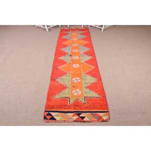 Turkish Vintage Rug, 2.9x11.4 ft <b>Runner</b> Rug, <b>Red</b> Blue Plants & trees Rug - Product Image 1