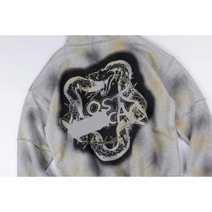 Haute Qualité En Gros Perdu Intricacy GRIS FADED Zipper Diamant clouté logo Serpent Imprimer Lavage À Capuche Pour Hommes - Product Image 6