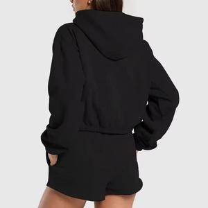 Wholesale Custom Logo Vintage Pattern Patches Women's 2 Piece Hoodie <b>Shorts</b> Set Acid Wash Jogging Crop Top - Product Image 4