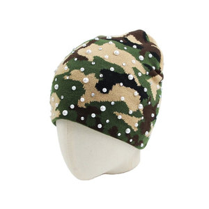 Camouflage Beanie Rhinestone Decoration Unisex Acrylic Breathable Waterproof Winter <b>Hat</b> Casual Travel Style Adult Size 56-58CM - Product Image 1