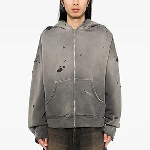 2025 personnalisé coupe régulière 500 Gsm poids lourd hommes lavé à capuche Vintage en détresse lavage à l'acide fermeture éclair hiver 100% coton - Product Image 2