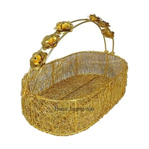 Fully High Graded Gold Plated Metal Wired Made <b>Basket</b> <b>With</b> Flowers Designer <b>Handle</b> Attractive Look Gift <b>Basket</b> Supply From India - Product Image 1