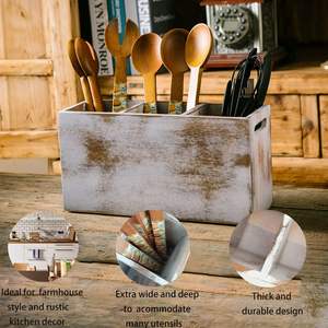 White <b>Kitchen</b> <b>Utensil</b> Holder Large <b>Utensil</b> Organizer Cooking Tools Storage for <b>Kitchen</b> Counter Acacia <b>Wooden</b> 3-Compartment - Product Image 5