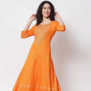 وصل حديثا افضل تصميم أزياء هندية تصميم المرأة برتقالي وذات اسيمات عِرقية مطبوعة كُرتا غوتا باتي أناركالي للنساء