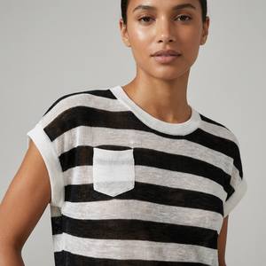 Maglietta Casual Sottile con Collo a O, Traspirante, Manica Corta, Stile Marinaio, 25% Lino 20% Lyocell - Product Image 3