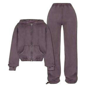 Trajes de sudor lavados con ácido personalizados, chándales gruesos con cremallera completa y lavado con ácido, sudaderas con capucha y pantalones de chándal con bordado desgastado - Product Image 3