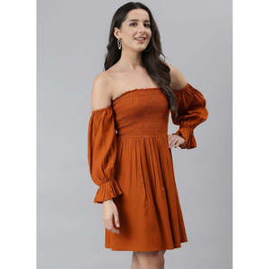Deebaco Women's Off-The-Shoulder Balloon Sleeve Mini <b>Dress</b> A-Line Solid Smocking Chiffon <b>Loose</b> Fit Summer Cocktail <b>Dress</b> - Product Image 5