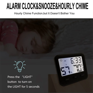 ميزان حرارة رقمي مع مقياس رطوبة وساعة منبه مع وظيفة الغفوة وشاشة LCD مضاءة خلفياً لمراقبة درجة الحرارة والرطوبة في المنزل ساعة مكتب حديثة سوداء - Product Image 6