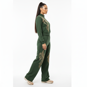 ชุดเซ็ตเสื้อแจ็คเก็ตซิปและกางเกงขายาวทรงกว้างสำหรับผู้หญิง  ชุดลำลองสไตล์สตรีทแวร์ปักลาย  ชุดกีฬา-รับผลิตแบบ OEM ขายส่ง - Product Image 3