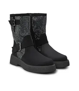 Black Suede Biker-style Ankle-boots With Stones Decoration And Straps With Side Zip Fastening And Rubber Sole For Wholesale