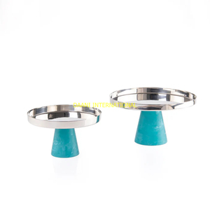 Juego de soporte de pastel de plata hecho a mano de 2 expositores de postres con parte superior de acero inoxidable pulido y base de efecto mármol amarillo para fiestas - Product Image 3