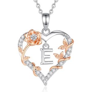 Collier avec pendentif en forme <span class=keywords><strong>de</strong></span> cœur <span class=keywords><strong>de</strong></span> rose, initiale E, en cuivre plaqué rhodium, chaîne en bambou, zircone cubique, cadeau d'<span class=keywords><strong>anniversaire</strong></span> pour femme, 18 - Product Image 1
