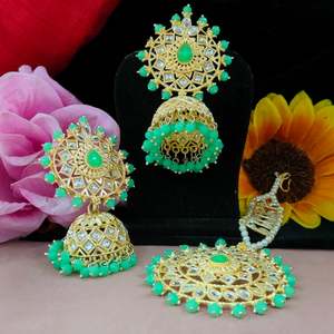 Pearls Work & Kundan Stone <b>Jhumkas</b> With Maang Tikka Kundan Stones Set In Ornate Gold Tone Metal Ideal For Weddings,Grand Festive - Product Image 1