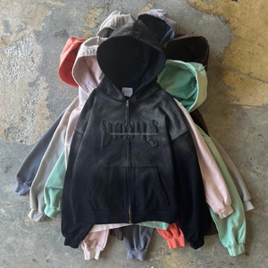Vente en gros de sweats à capuche et pantalons de survêtement évasés avec fermeture à glissière surdimensionnée ensembles survêtement imprimé délavé à l'acide - Product Image 3