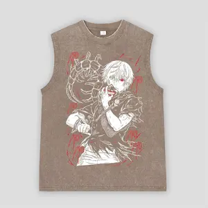 Camiseta sin mangas con lavado ácido personalizada para hombre, cuello redondo desgastado, diseño contemporáneo impreso en Chaleco de punto de algodón 100% - Product Image 2