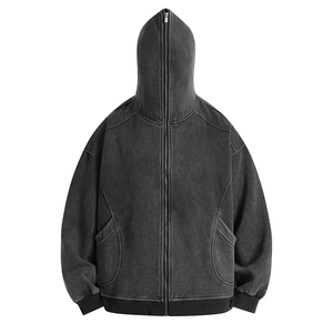 Al por mayor OEM Sudadera con capucha de invierno de peso pesado 500GSM con cremallera completa, estilo streetwear de diseñador personalizado, con insignia desgastada y efecto stone - Product Image 1