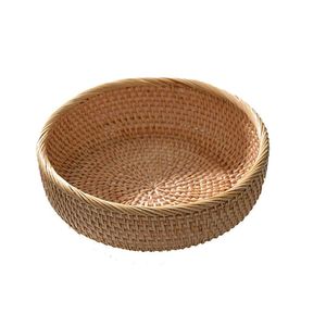 Plateau en rotin de bambou fait main plateau en rotin avec poignée tissé à la main rond haut mur plateaux de séparation des aliments multi-usages - Product Image 1