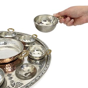 Set di presentazione per la colazione in Anatolia con vassoio, Base di 16 cm di spessore padella in rame, 8 pezzi di ciotola di rame con manico in ottone - Product Image 6