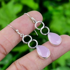 Boucles d'oreilles en quartz rose avec pierres précieuses en argent sterling 925 Style bohème bijoux pour femmes faits à la main cadeau tendance de mariage - Product Image 4