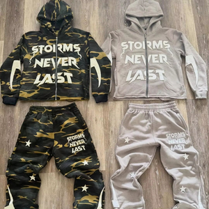 Ensemble de survêtements unisexes imprimés sur mesure, sweat-shirt en coton lourd, broderie usée, strass, sweat-shirt et pantalon de survêtement pour homme - Product Image 1