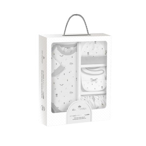 Ensemble de 5 vêtements pour nouveau-nés - 100% coton - Motif renard Animalitos moderne - Comprend un bonnet, des gants et un bavoir - Pour 0 à 6 mois - Gris - Product Image 1