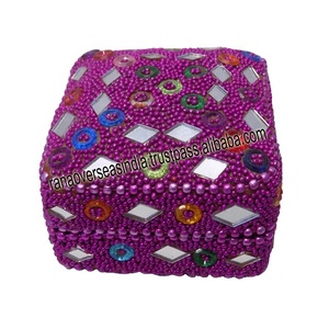 Colorful Iron Vermillion <b>Box</b> With Sequins and <b>Mirror</b> Work in Square Shape for Wedding Home - Product Image 1