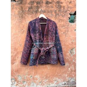 แจ็กเก็ตผ้าฝ้ายอินเดียพิมพ์ลาย Ajrakh,เสื้อแจ็กเก็ตพิมพ์ลายคานธาโบฮีเมียนพร้อมเข็มขัดเสื้อคลุมด้านหน้าสไตล์โบโฮเปิด - Product Image 2