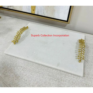 Premium White Natural Marble Serving <b>Tray</b> with Handcrafted Brass Leaf & Rose Embellished Handles for Luxury Home <b>Decor</b> & Gifting - Product Image 5