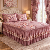 Ensemble de literie de luxe 5 pièces avec jupe de lit, motif floral matelassé à volants et rideaux, personnalisable OEM ODM