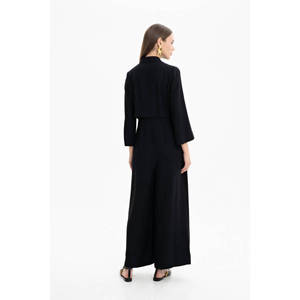Women's Loose High Waist Black Viscose <b>Jumpsuit</b> with Print Mesh Patchwork for Office Gym <b>Workout</b> - Product Image 5
