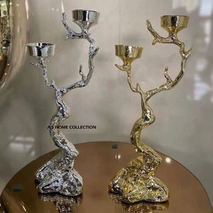 Lot de 3 bougeoirs design feuillu aluminium métal couleur argent avec dessus en verre décoration d'éclairage artisanale de luxe - Product Image 2