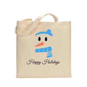 Merry Christmas Blue Snowman Tote <b>Bag</b> <b>Medium</b> Cotton <b>Bag</b> with Heat Transfer Printing Washable Screen Pattern for Advertising - Product Image 1