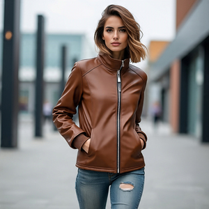 Chaquetas con cremallera de cuero genuino de motorista de ajuste regular para mujer al por mayor | Chaqueta de cuero de motocicleta personalizada de punto alto de algodón - Product Image 1