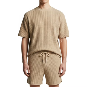Conjunto Casual de Verano para Hombre, Camiseta de Cuello Redondo de Algodón Beige con Tejido Waffle y Pantalones Cortos de Color Sólido, Tejido Transpirable - Product Image 1