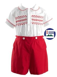 Suite for Boy Smocked Made by Hand Material <b>Silk</b> <b>Cotton</b> <b>Fabric</b> UK Traditional Smocked - Product Image 3