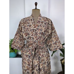 Bata de Casa Boho de Algodón Puro, Vestido de Verano con Estampado Indio Hecho a Mano, Diseño Paisley Persa, Rojo Beige, Talla King, Lujosa, Suave, para Playa, Vacaciones, Yate - Product Image 3