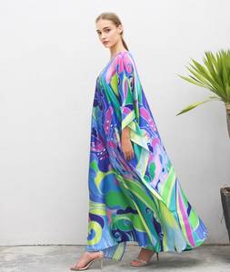 Vestido Kaftan Maxi Ecológico 100% Viscosa Personalizado de Fabricante Directo, Ropa de Calle para Mujer, Cuello en V Natural, Manga Larga, Color Sólido Digital - Product Image 3