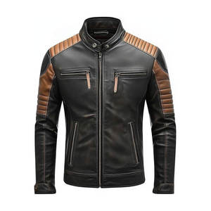 เสื้อแจ็คเก็ตผู้ชายแฟชั่นฤดูใบไม้ร่วงฤดูหนาวสไตล์วินเทจ หนัง PU สีพื้น ซิป ปรับขนาดได้ คอตั้ง สไตล์ลำลอง โลโก้ด้านหน้า กันน้ำ - Product Image 1