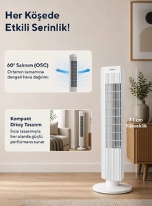 Ventilateur colonne électrique sans pales Kumtel KTF-258W, design en plastique blanc, 50W, minuterie, 3 vitesses, télécommande, oscillant, usage domestique - Product Image 6