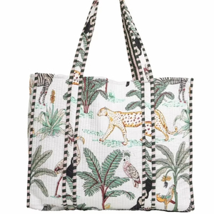 Sac fourre-tout matelassé de luxe blanc pour femmes grande capacité sac à provisions de voyage décoratif personnalisé imprimé jungle avec cordon de serrage - Product Image 1