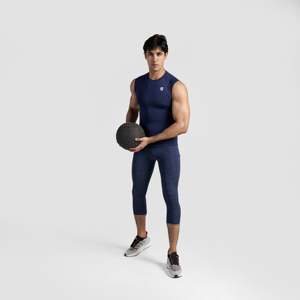 GA Compression 3/4 Pants (Navy) Slim Fit Seamless Print on Polyester & Spandex with Logo at Waist for Workout Training Gym - Product Image 4