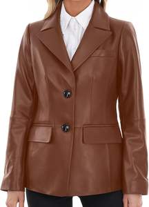 Women's Long Sleeve Lambskin Leather Jacket <b>Button</b> Front Casual Style <b>Blazer</b> Nylon Lining Cotton Filling for Autumn Winter - Product Image 5