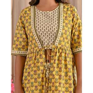 Conjunto de Dos Piezas de Algodón Estampado Amarillo, Top de Manga Corta con Cordones, Talla XS, Trajes de Oficina para la Temporada de Verano - Product Image 2